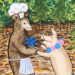 Acrylic painting of a bear dressed as a chef dancing with a pig wearing a flower necklace in the Appalachian mountians