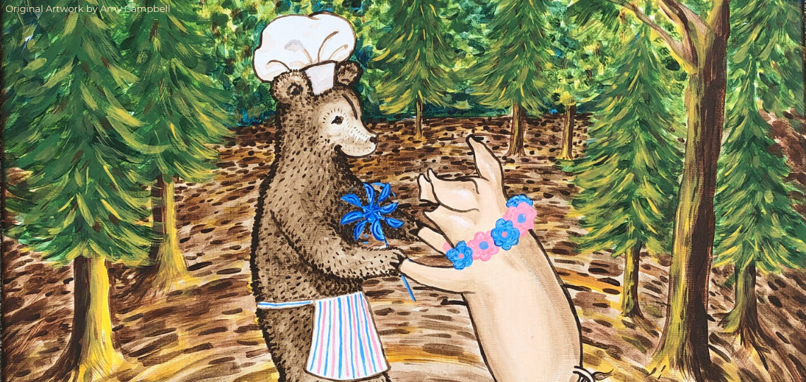 Acrylic painting of a bear dressed as a chef dancing with a pig wearing a flower necklace in the Appalachian mountians