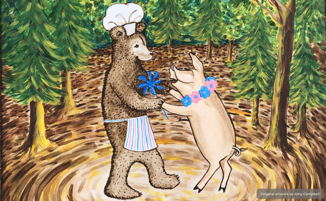 Jovial painting of a brown bear dancing with a pink pig.