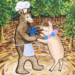 Jovial painting of a brown bear dancing with a pink pig.